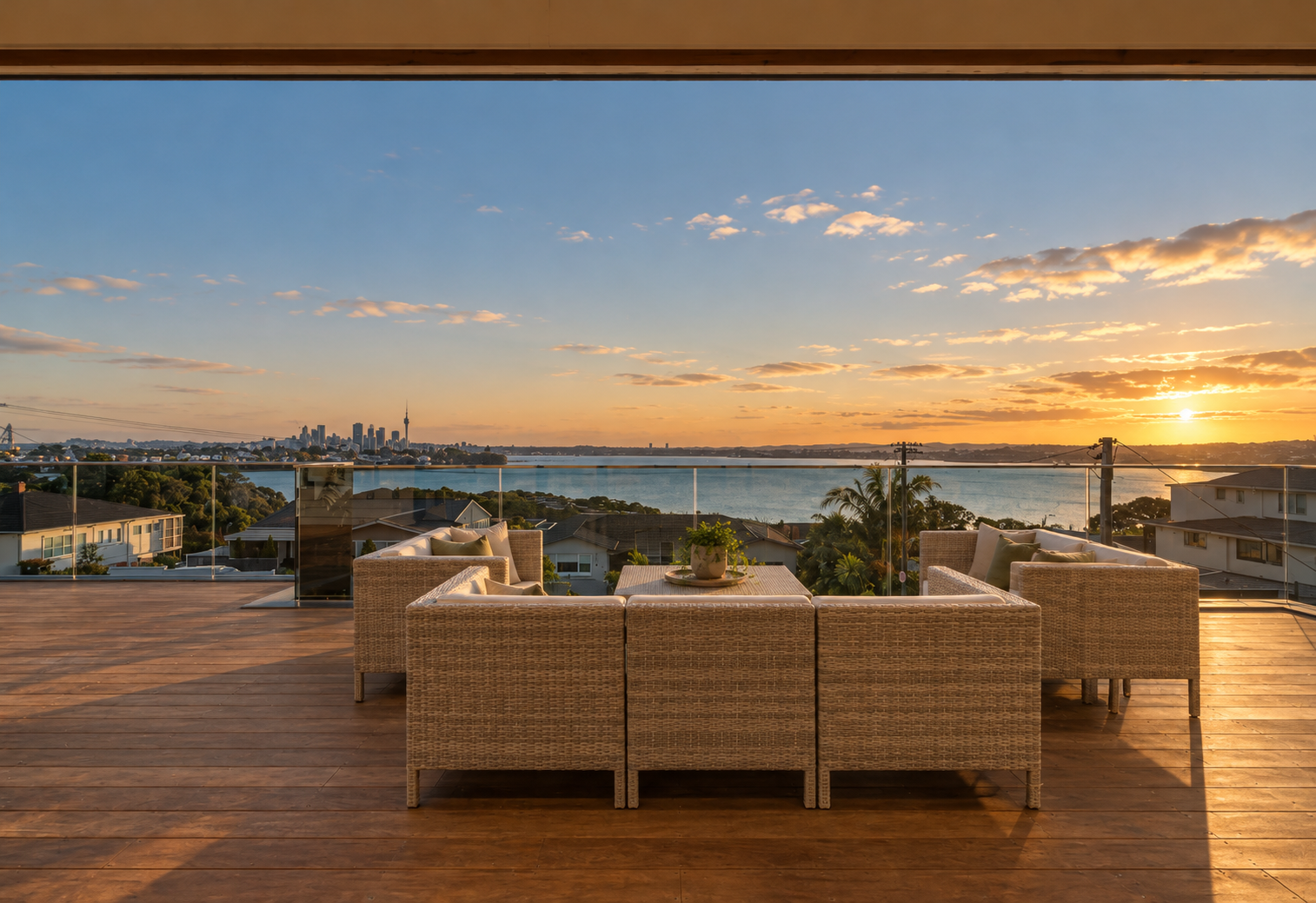 Wide balcony overlooking the Waitematā Harbour